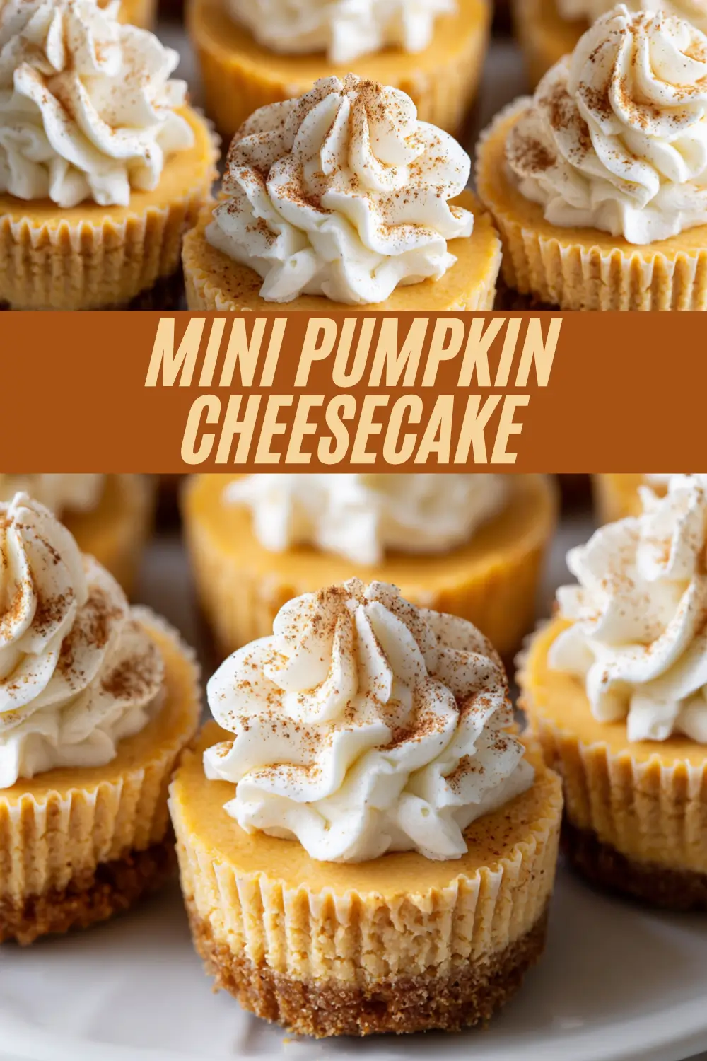 Festive mini pumpkin cheesecakes topped with whipped cream and cinnamon.