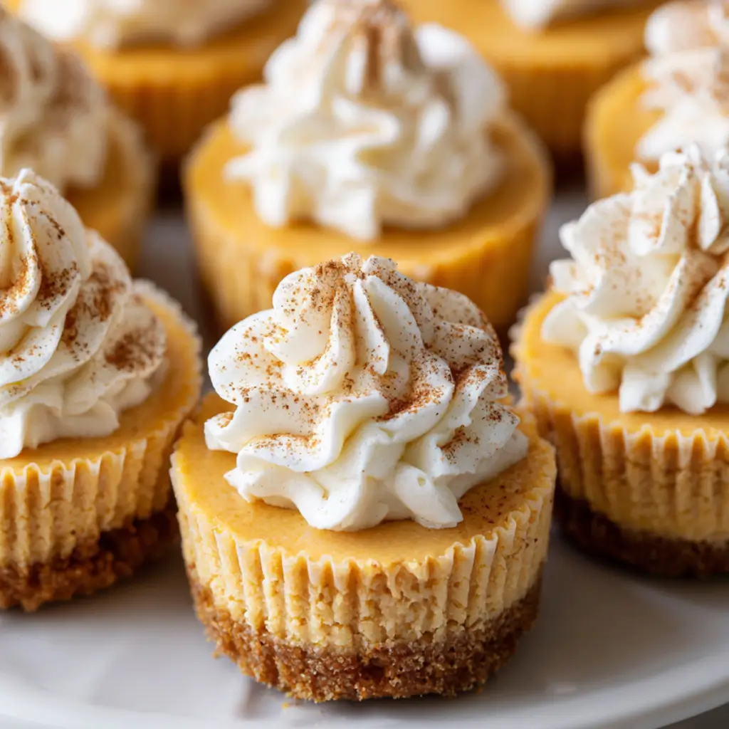 Mini pumpkin cheesecakes with a graham cracker crust and swirls of whipped cream.