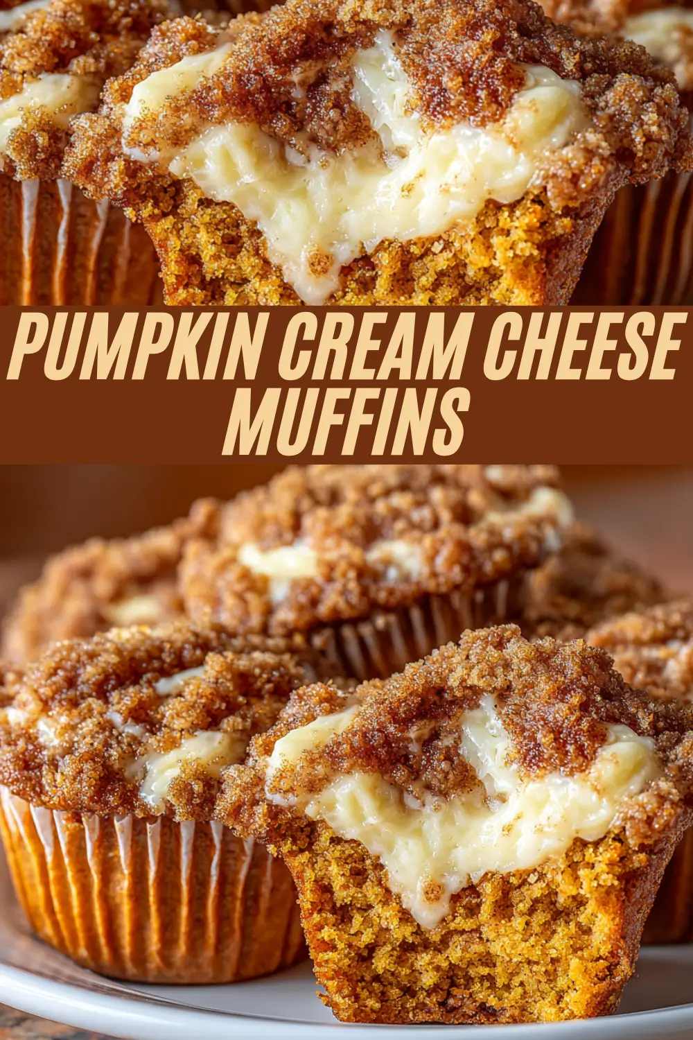 Pumpkin muffins with creamy cheesecake filling and cinnamon crumb topping, perfect for autumn baking