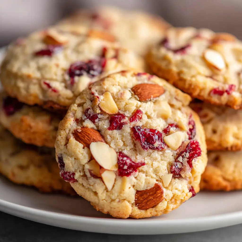 Almond Cranberry Cookies stacked on a white plate, featuring golden biscuity cookies generously studded with dried cranberries and sliced almonds for a festive, rustic look.