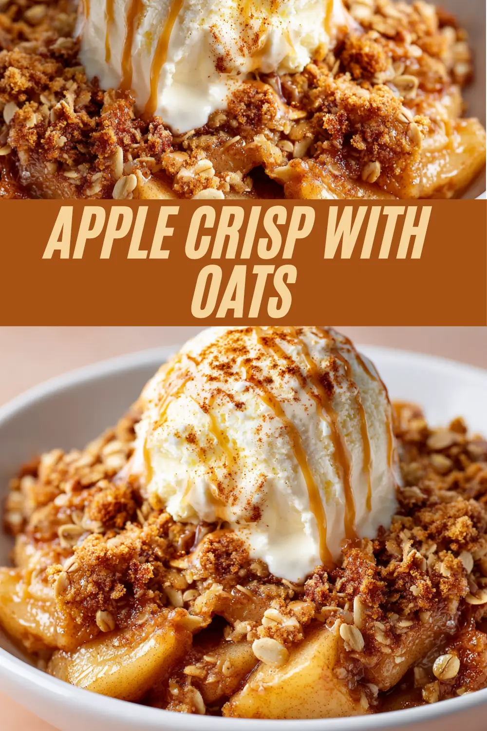 Baked apples with oat crumble and vanilla ice cream drizzled with caramel.