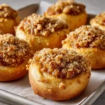 Apple Crumble Buns with golden pastry and crumbly brown streusel topping, set on a parchment-lined baking tray for a rustic and inviting bakery look.