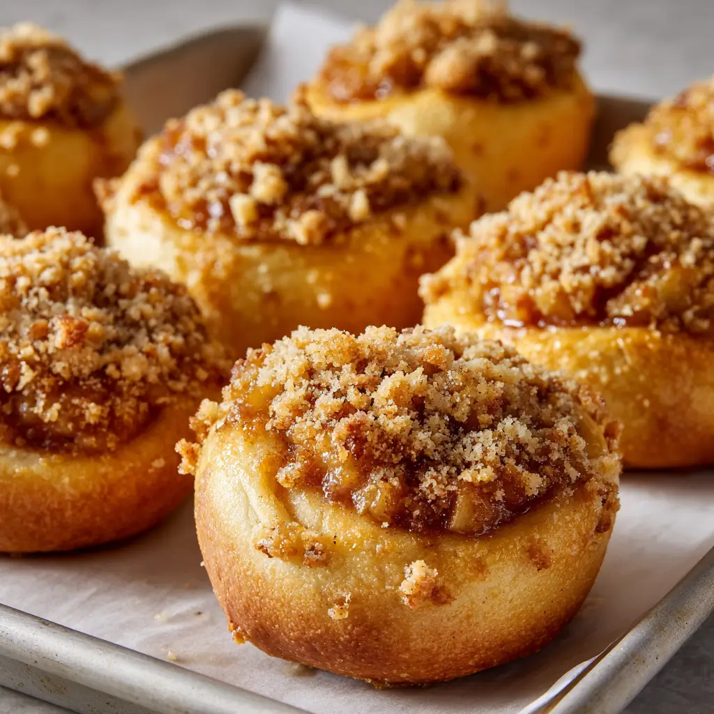 Apple Crumble Buns with golden pastry and crumbly brown streusel topping, set on a parchment-lined baking tray for a rustic and inviting bakery look.
