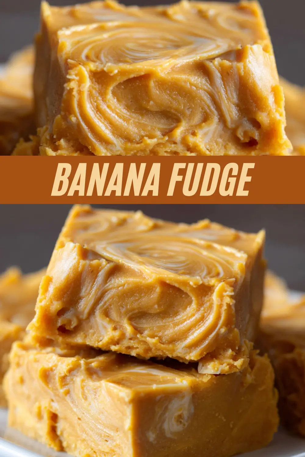Creamy banana fudge bars with a golden color and marbled swirls, neatly stacked on a plate.