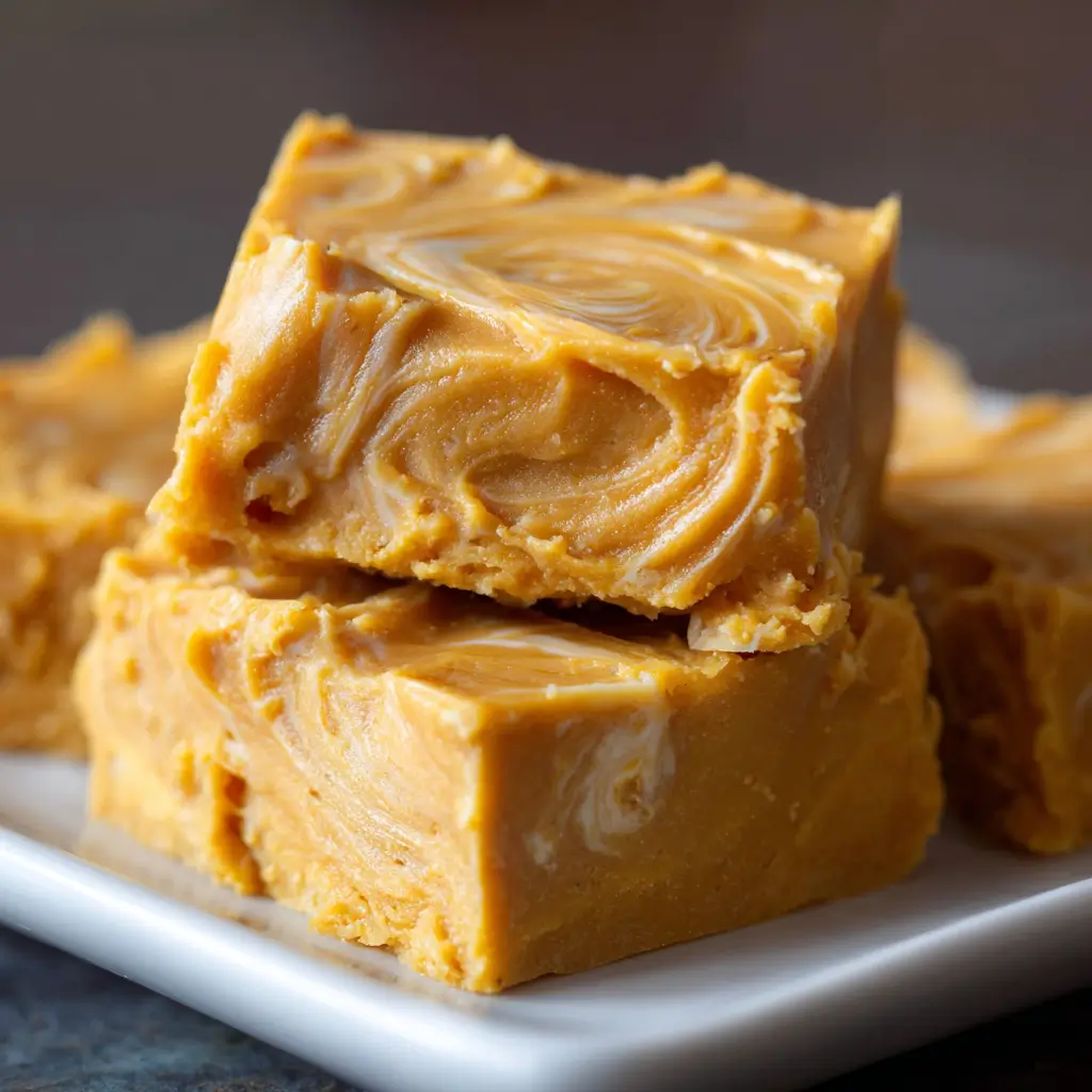 Pieces of creamy banana fudge with a light golden color and subtle swirls, stacked on a white plate.