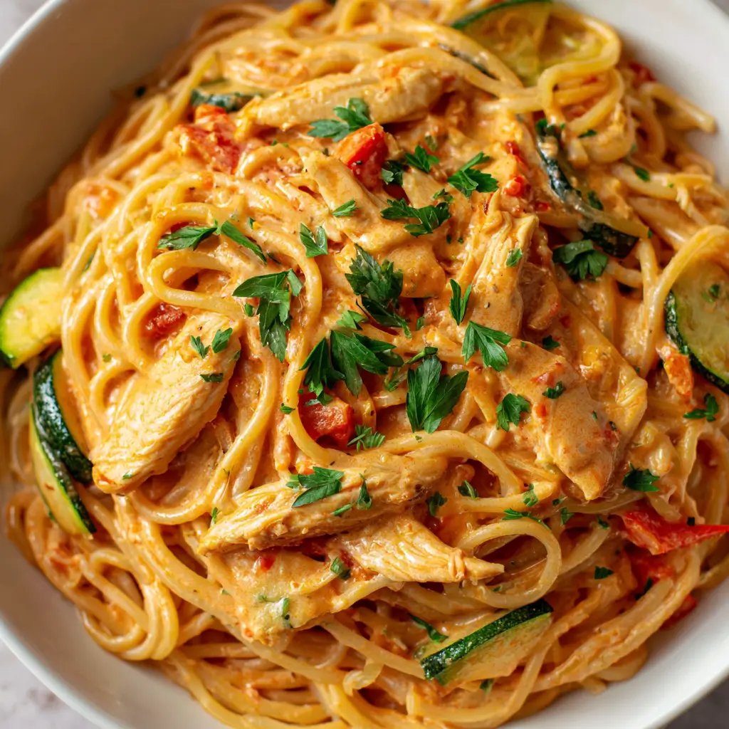 Overhead view of bang bang chicken pasta featuring spaghetti in a creamy, slightly spicy sauce with slices of tender chicken, red bell pepper, zucchini, and sprinkled parsley.