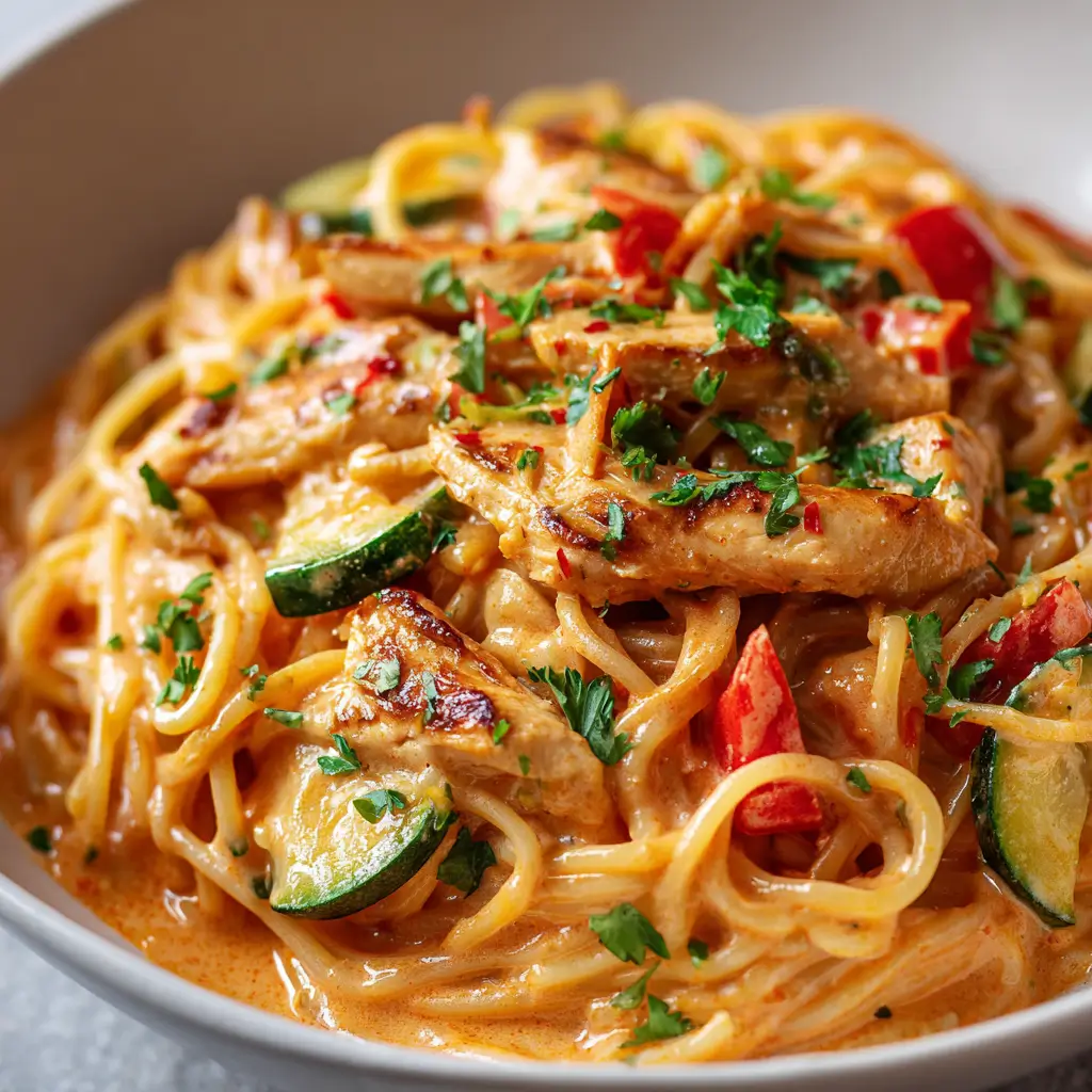 Creamy bang bang chicken pasta featuring tender spaghetti noodles tossed with grilled chicken strips, zucchini slices, and red bell pepper in a spicy, creamy sauce, garnished with fresh parsley.