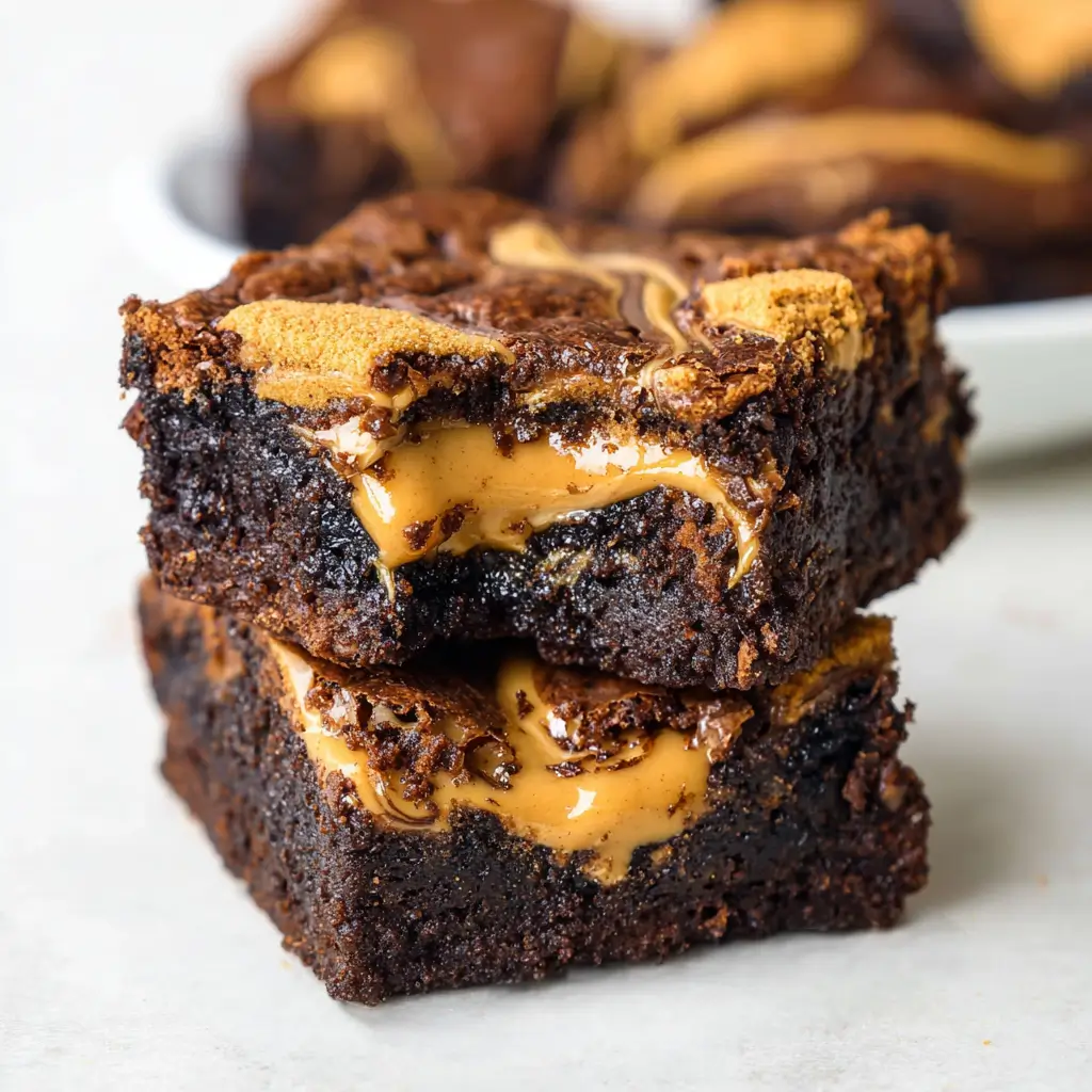 Close-up of two rich, fudgy brownies stacked, filled with a gooey swirl of golden Biscoff cookie butter and topped with crisp bits of Biscoff cookie.
