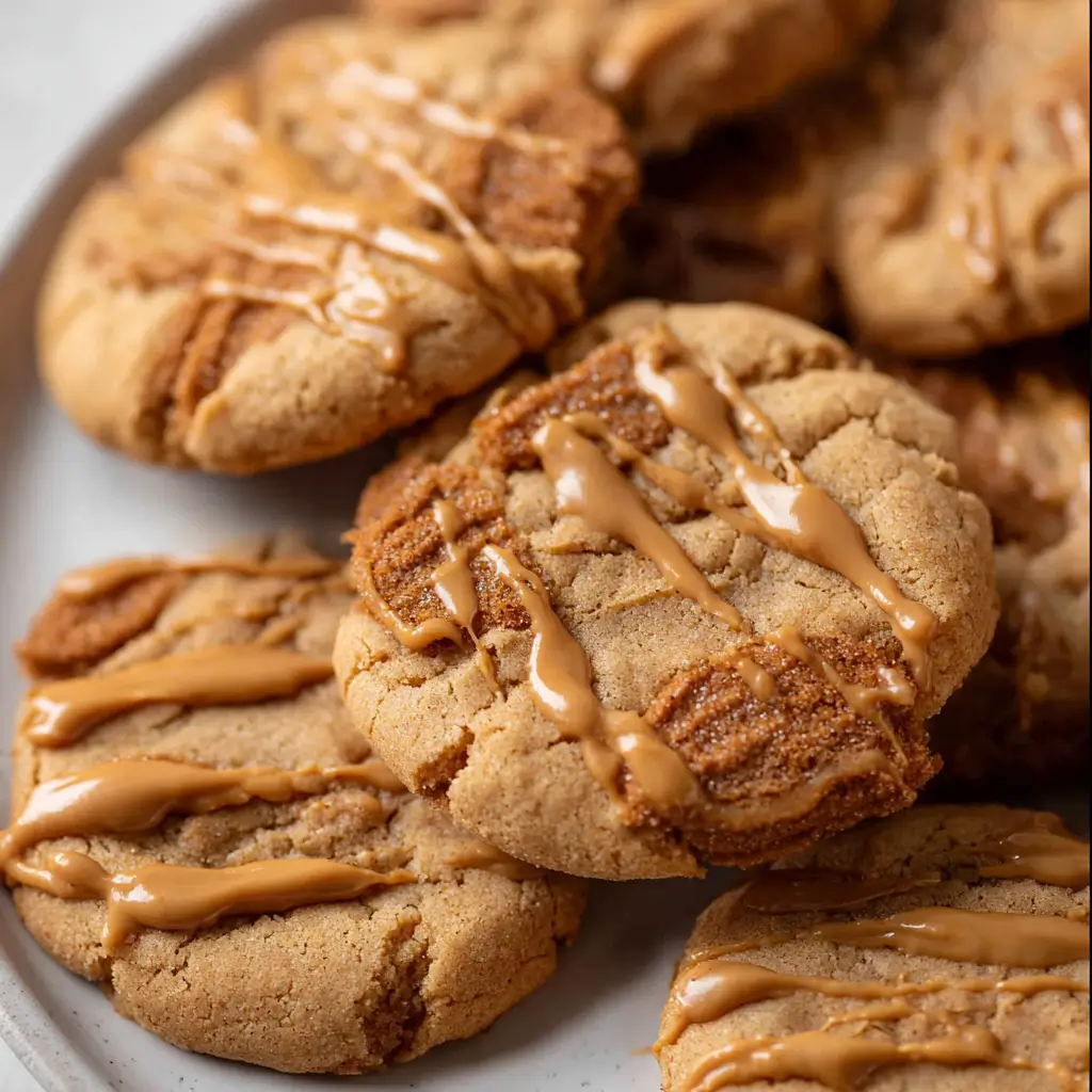 Close-up of chewy, golden Biscoff cookies drizzled with glossy Biscoff cookie butter, highlighting their crispy edges and crackly tops.