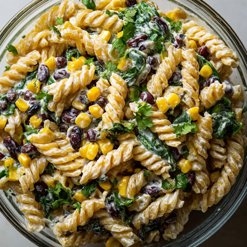 A vibrant pasta salad featuring rotini noodles tossed with black beans, sweet corn, spinach, and fresh cilantro, all coated in a creamy dressing. The salad is presented in a clear glass bowl showing its colorful ingredients.