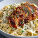 Blackened Cajun chicken breast sliced over creamy Alfredo pasta, garnished with parsley and cracked pepper.