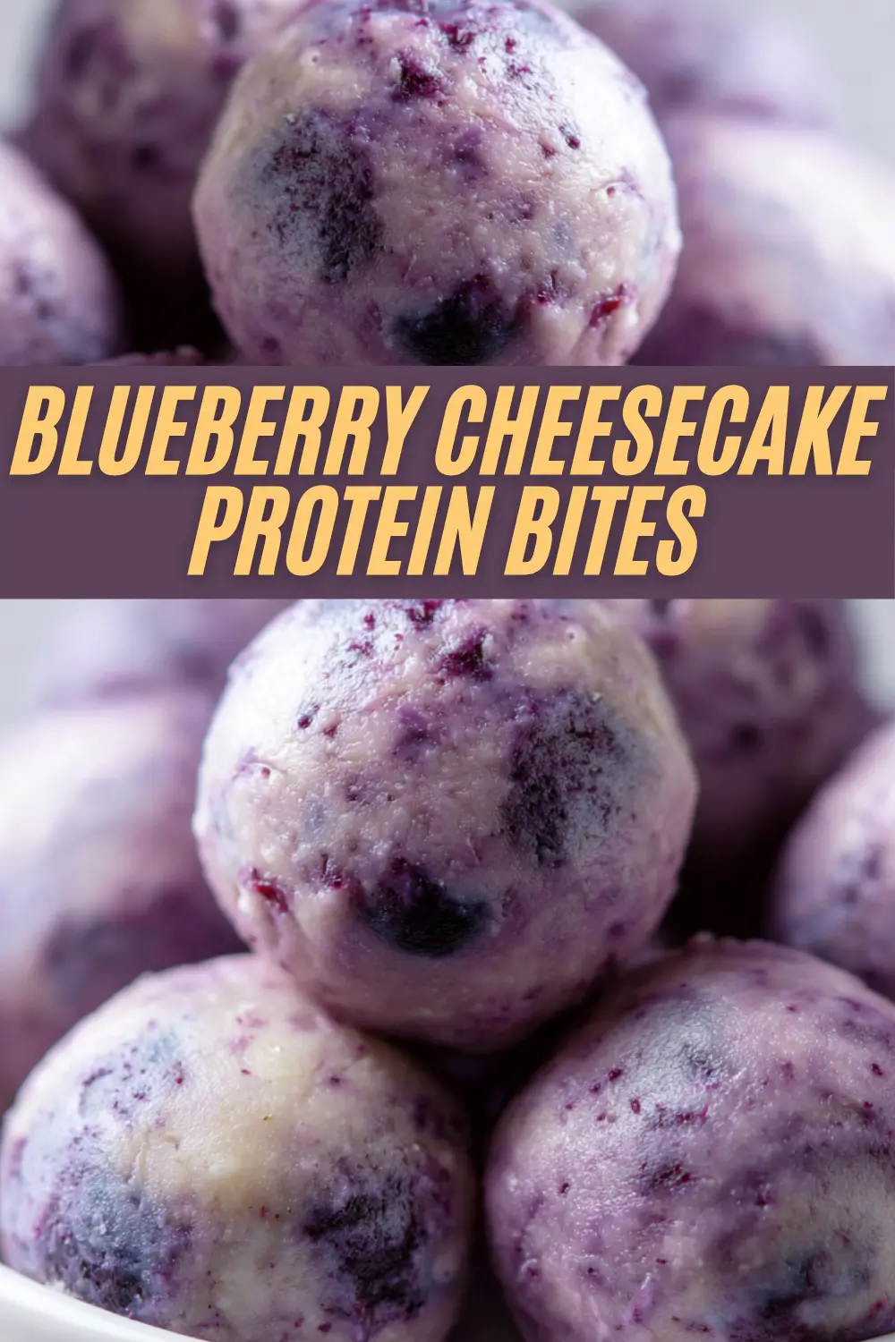 Blueberry cheesecake protein bites displayed in a close-up stacked arrangement, highlighting their creamy and vibrant purple-blue marbled appearance.