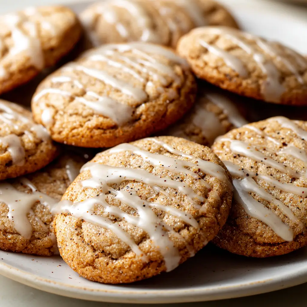 Brown Butter Chai Spice Cookies on a plate, each cookie golden and chewy with a generous drizzle of glaze, flecked with chai spices, and boasting a crackly surface.