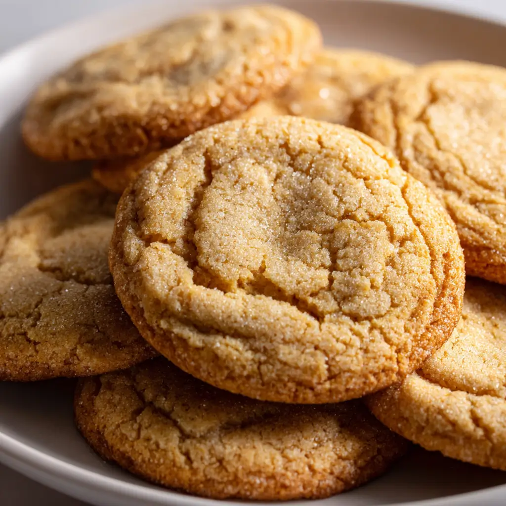 Golden brown sugar cookies with a slightly cracked surface, rolled in sugar and baked until crisp on the edges and soft in the center.