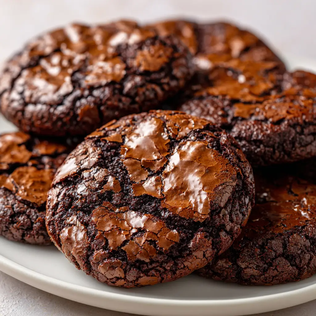 Chewy, crackly brownie cookies stacked on a white plate, with signature shiny tops and rich dark chocolate color.