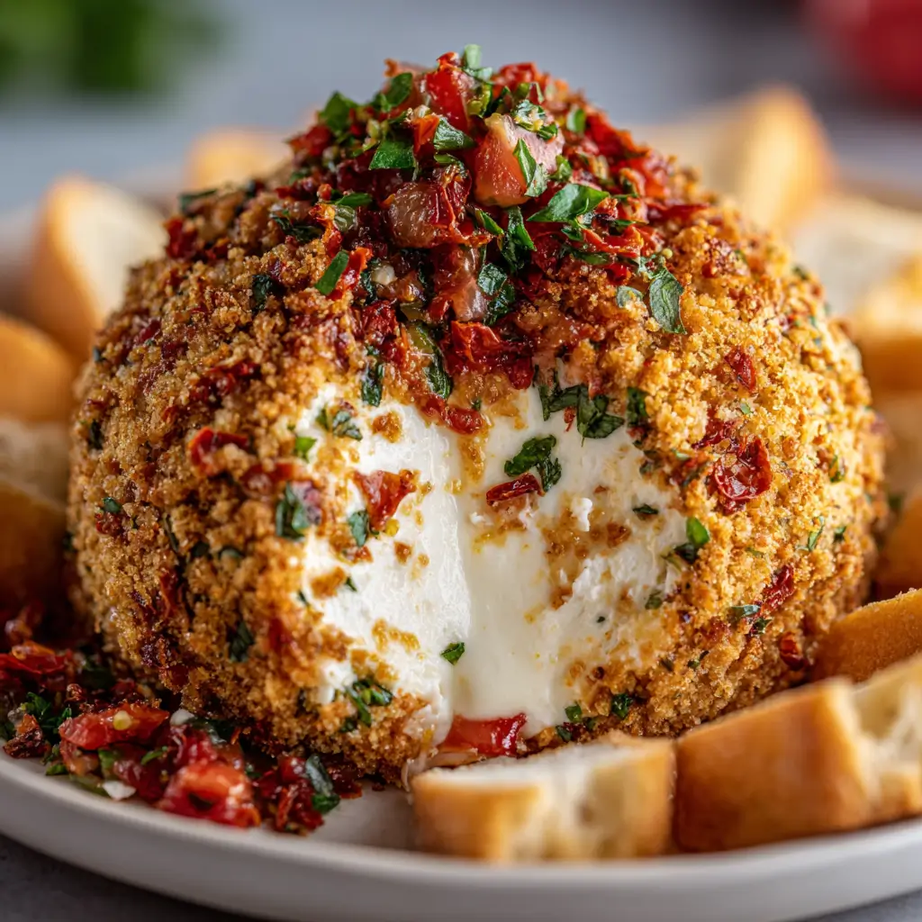 A bruschetta cheese ball coated in crispy breadcrumbs, filled with a creamy cheese mixture and fresh herbs, topped with sun-dried tomato and basil bruschetta, surrounded by sliced baguette pieces.