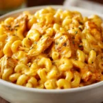 A close-up of a creamy buffalo chicken mac and cheese, featuring tender chunks of buffalo-spiced chicken mixed with elbow macaroni, all coated in rich, golden cheese sauce.