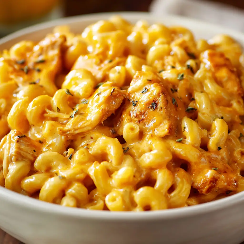 A close-up of a creamy buffalo chicken mac and cheese, featuring tender chunks of buffalo-spiced chicken mixed with elbow macaroni, all coated in rich, golden cheese sauce.