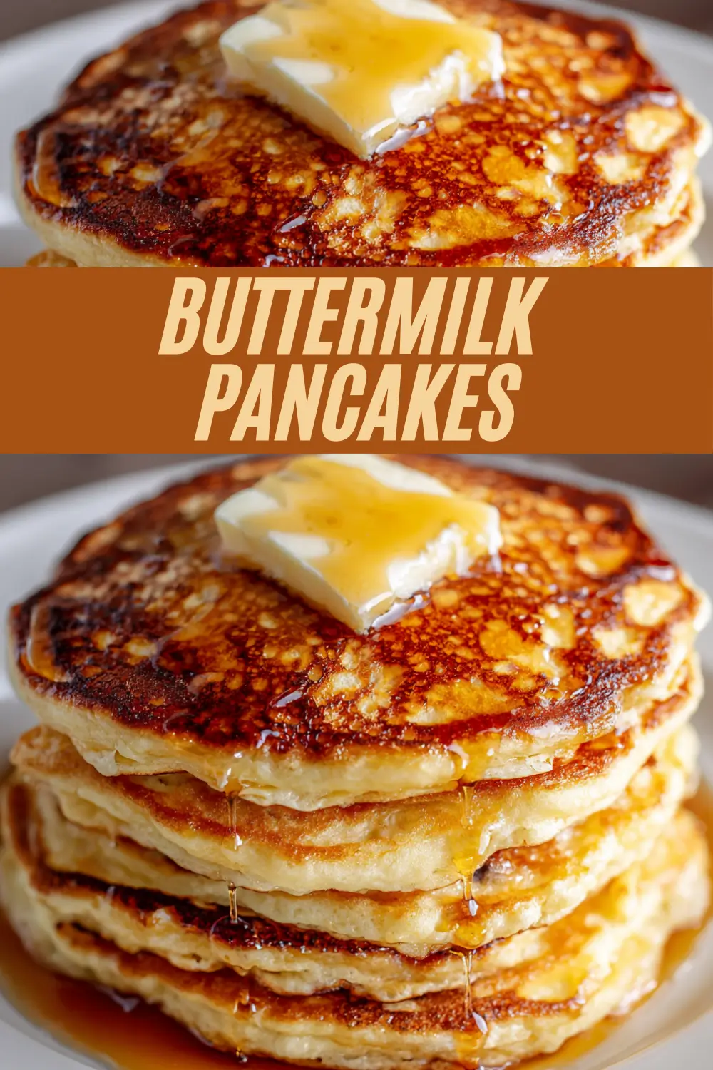 Golden buttermilk pancakes stack high on a plate, butter melting on top and syrup dripping down the sides.