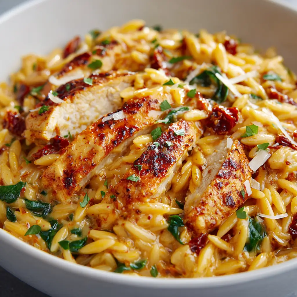 Creamy Cajun chicken alfredo orzo in a bowl, topped with slices of golden-brown spiced chicken breast, sun-dried tomatoes, spinach, and fresh herbs.