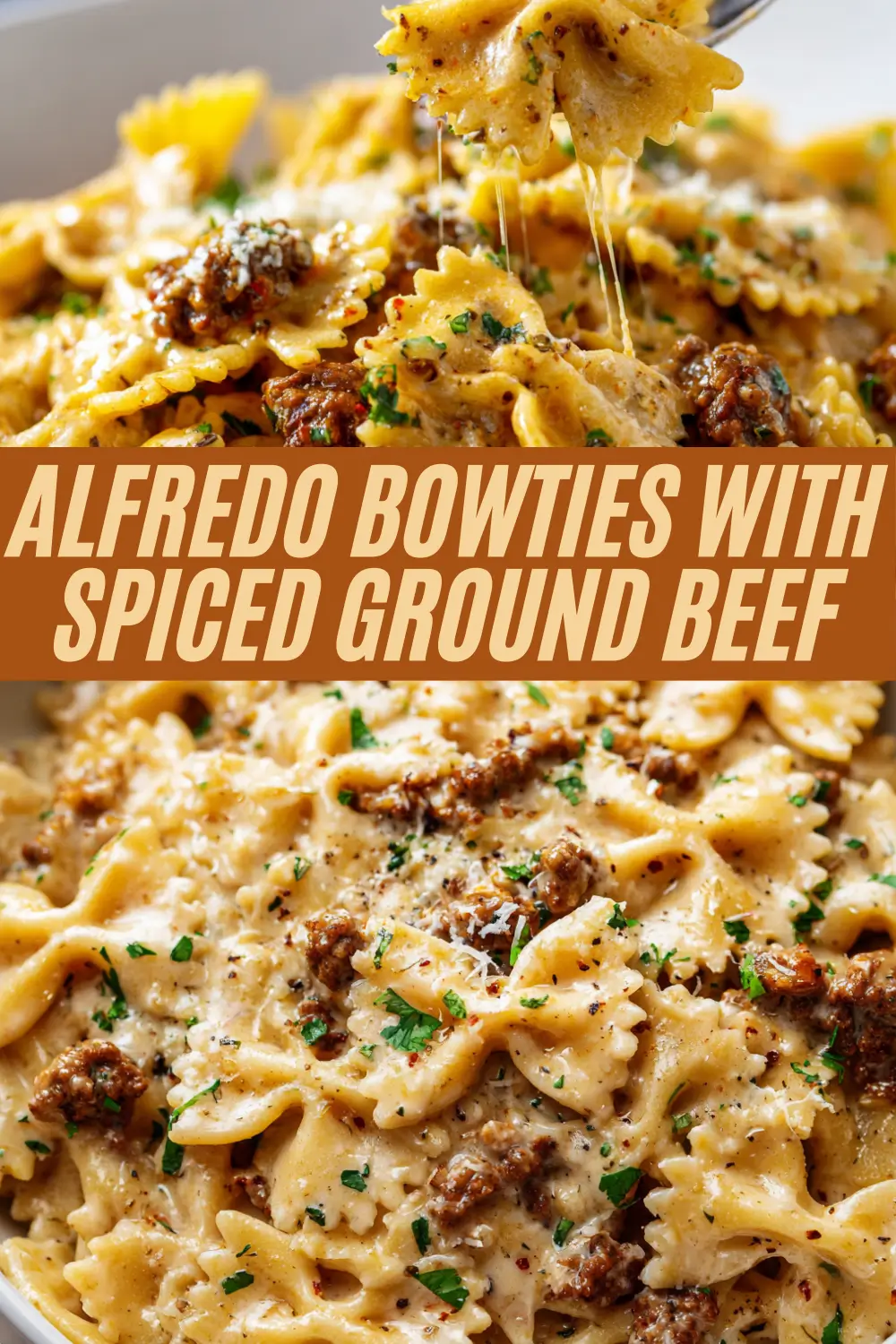 Bowtie pasta tossed with creamy sauce, spiced beef, and a sprinkle of herbs.