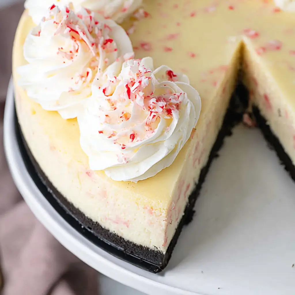 Whole candy cane cheesecake on a white stand with a dark chocolate cookie crust, topped with tall swirls of whipped cream and crushed peppermint, with one slice removed to show the creamy interior.