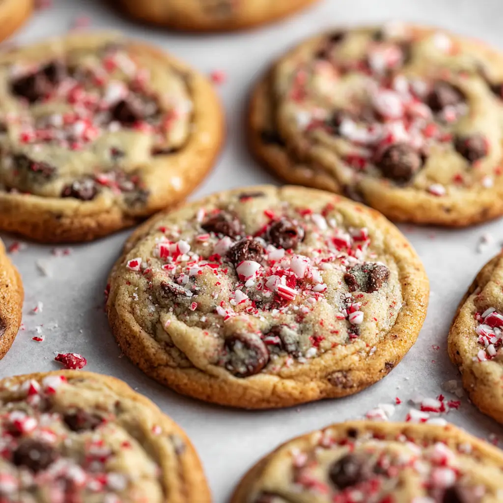 Candy cane chocolate chip cookies on parchment board.