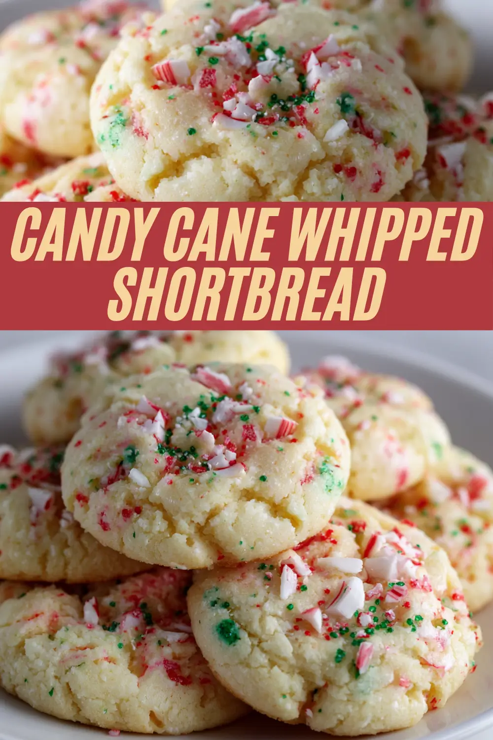 Cookies topped with crushed candy cane and green sprinkles.