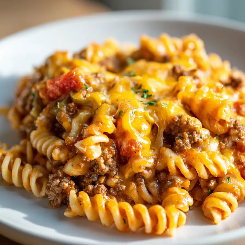 A hearty serving of rotini pasta topped with seasoned ground beef, melty cheddar cheese, and chopped tomatoes, served on a white plate.
