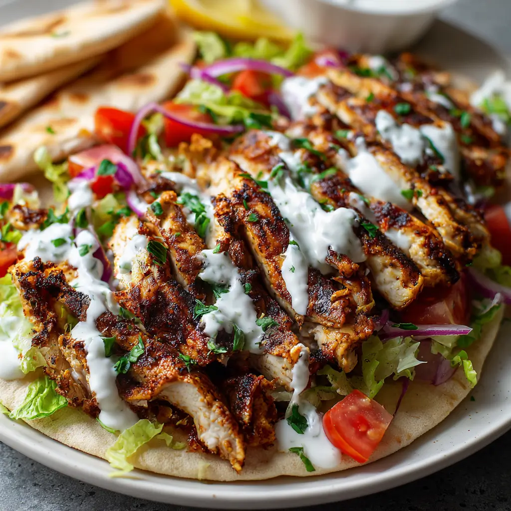 Chicken Shawarma with Garlic Sauce, featuring grilled, spiced chicken slices on pita bread, topped with creamy garlic sauce, lettuce, tomato, and red onion, with pita triangles in the background.