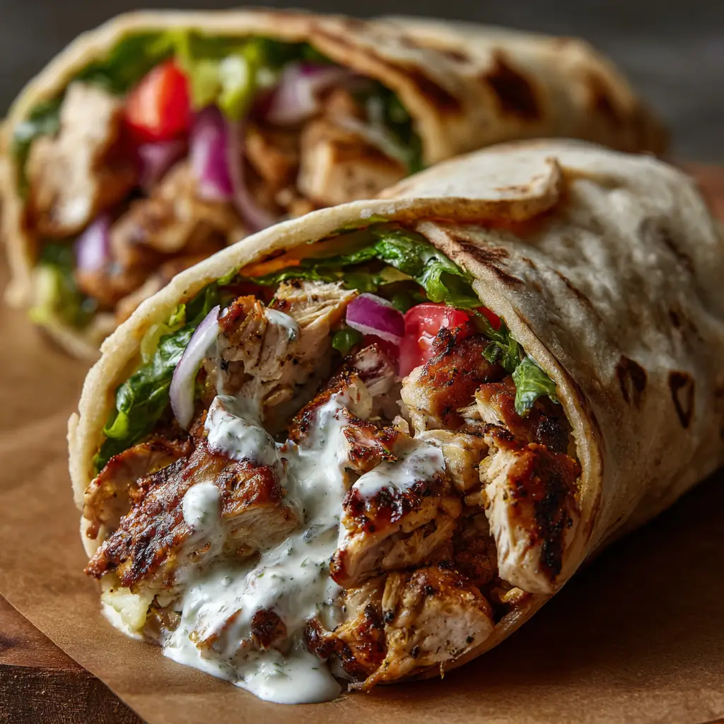 Chicken Shawarma wraps, featuring juicy grilled chicken pieces, fresh tomatoes, red onions, lettuce, all wrapped in flatbread and drizzled with creamy garlic sauce.