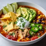 A bowl of chicken tortilla soup filled with shredded chicken, black beans, corn, diced tomatoes, and topped with sliced avocado, jalapeños, tortilla chips, lime wedges, and a dollop of sour cream.