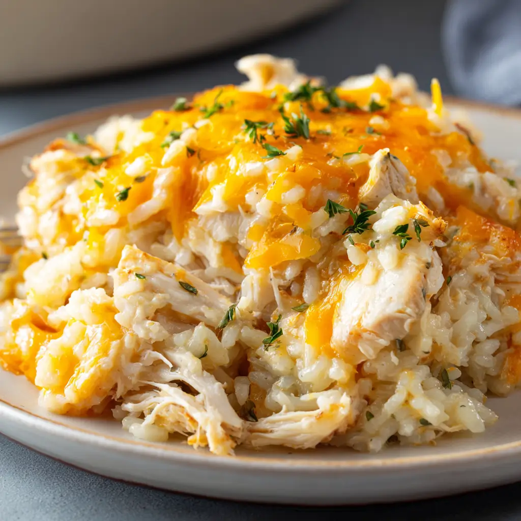 Alt Text:A serving of cheesy chicken and rice on a plate, featuring shredded chicken and tender rice topped with melted cheddar and herbs.
