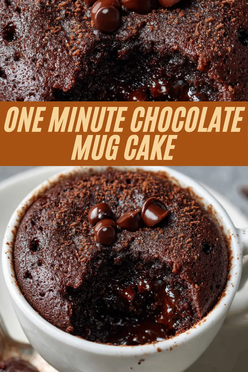 Gooey chocolate mug cake with chocolate chips and banner text.