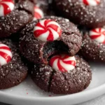 Chocolate cookies topped with red and white peppermint candies, rolled in sugar crystals.