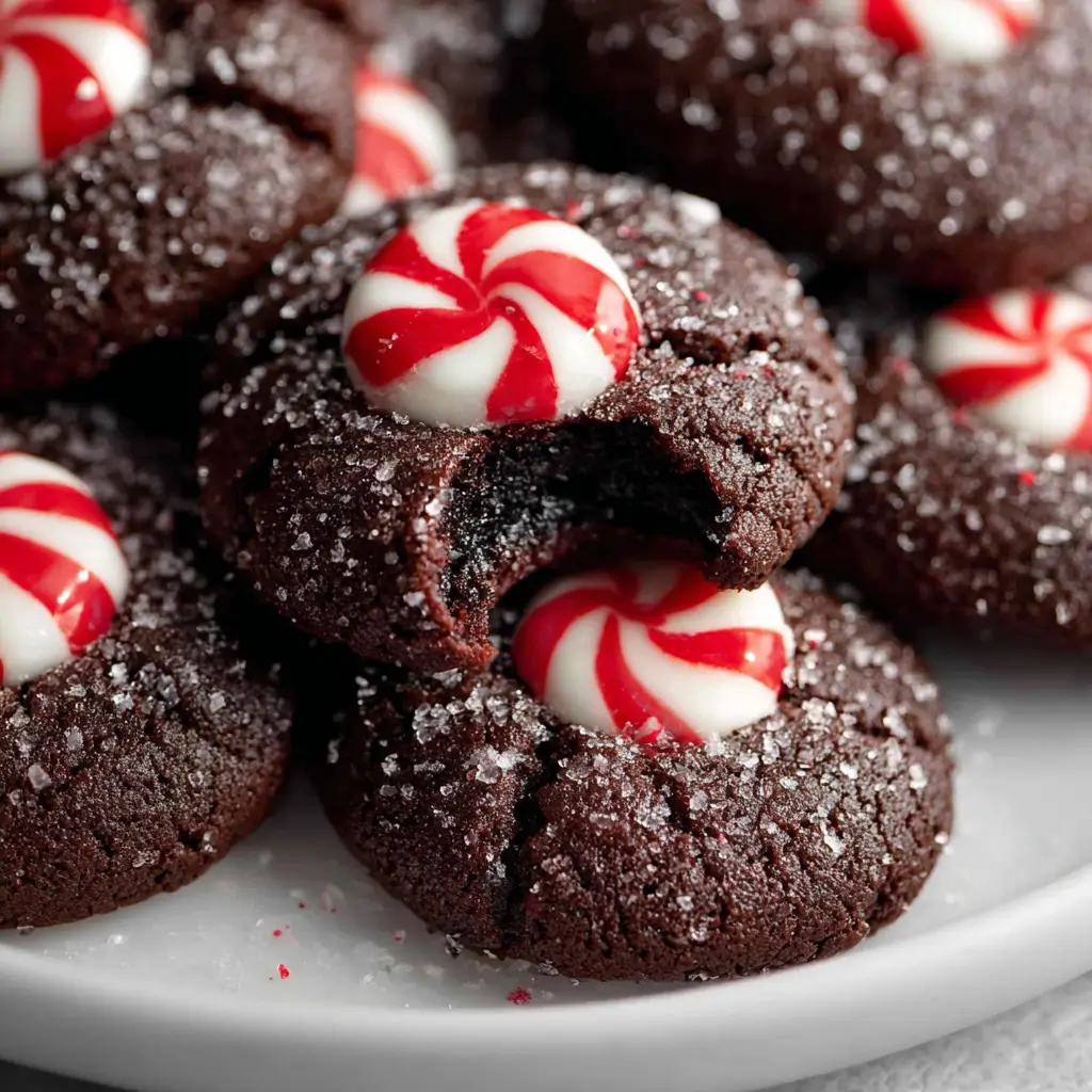 Chocolate cookies topped with red and white peppermint candies, rolled in sugar crystals.