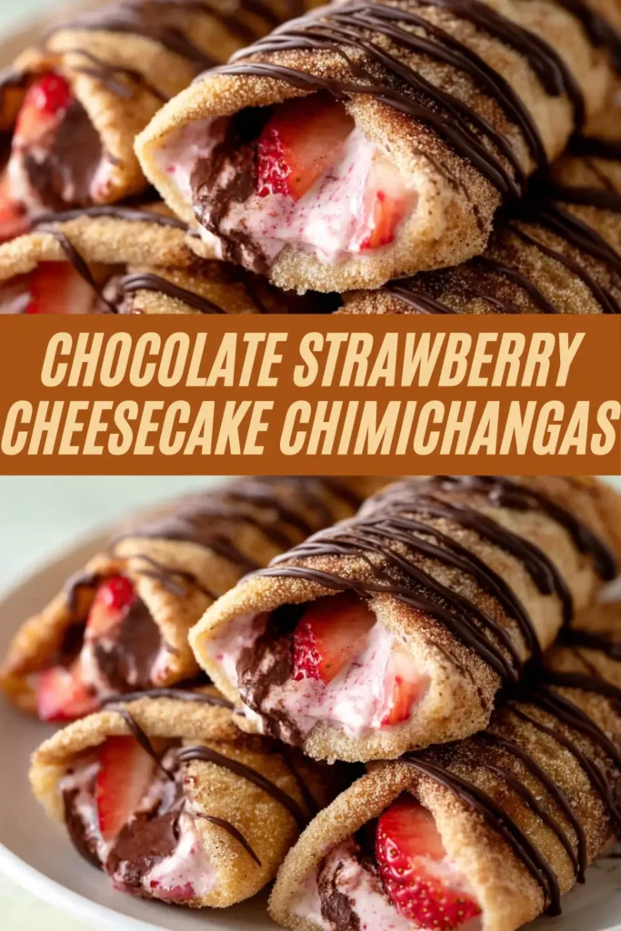 Graphic showing cinnamon-sugar coated chocolate strawberry cheesecake chimichangas stacked on a plate, filled with creamy cheesecake, fresh strawberries, and melted chocolate, with bold text reading “Chocolate Strawberry Cheesecake Chimichangas” across the center.