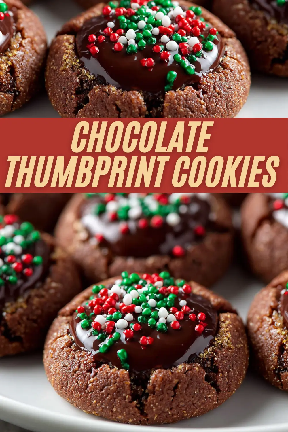 Chocolate thumbprint cookies on a platter, filled with glossy ganache and topped with red, green, and white nonpareil sprinkles, perfect for holiday celebrations.