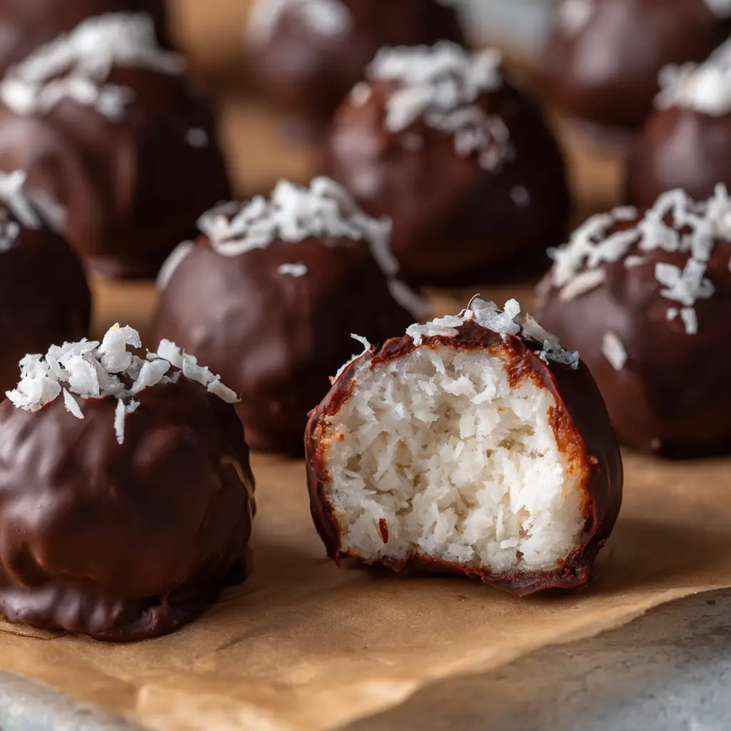 Chocolate-coated bounty balls topped with coconut flakes, arranged on brown parchment paper, with one piece cut in half to reveal a soft, white coconut filling.