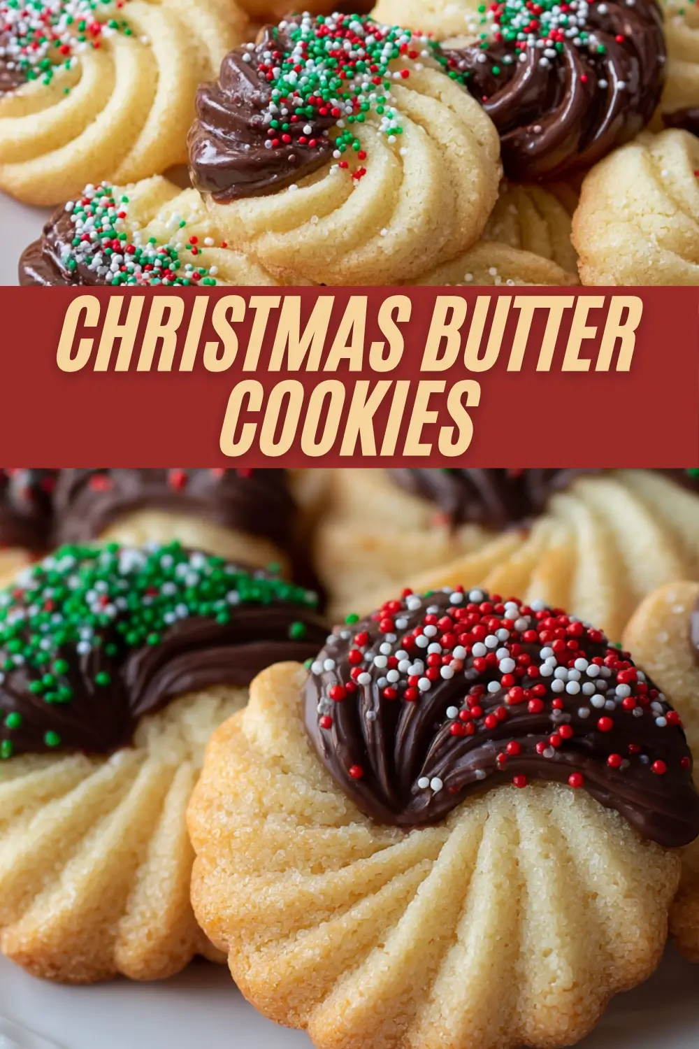 Swirled butter cookies dipped in chocolate and decorated with festive red, green, and white sprinkles on a plate.