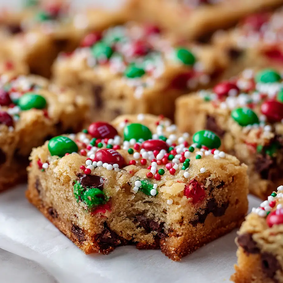Soft cookie bars baked with chocolate chips and topped with red and green chocolate candies, along with colorful sprinkles, displayed on parchment paper.