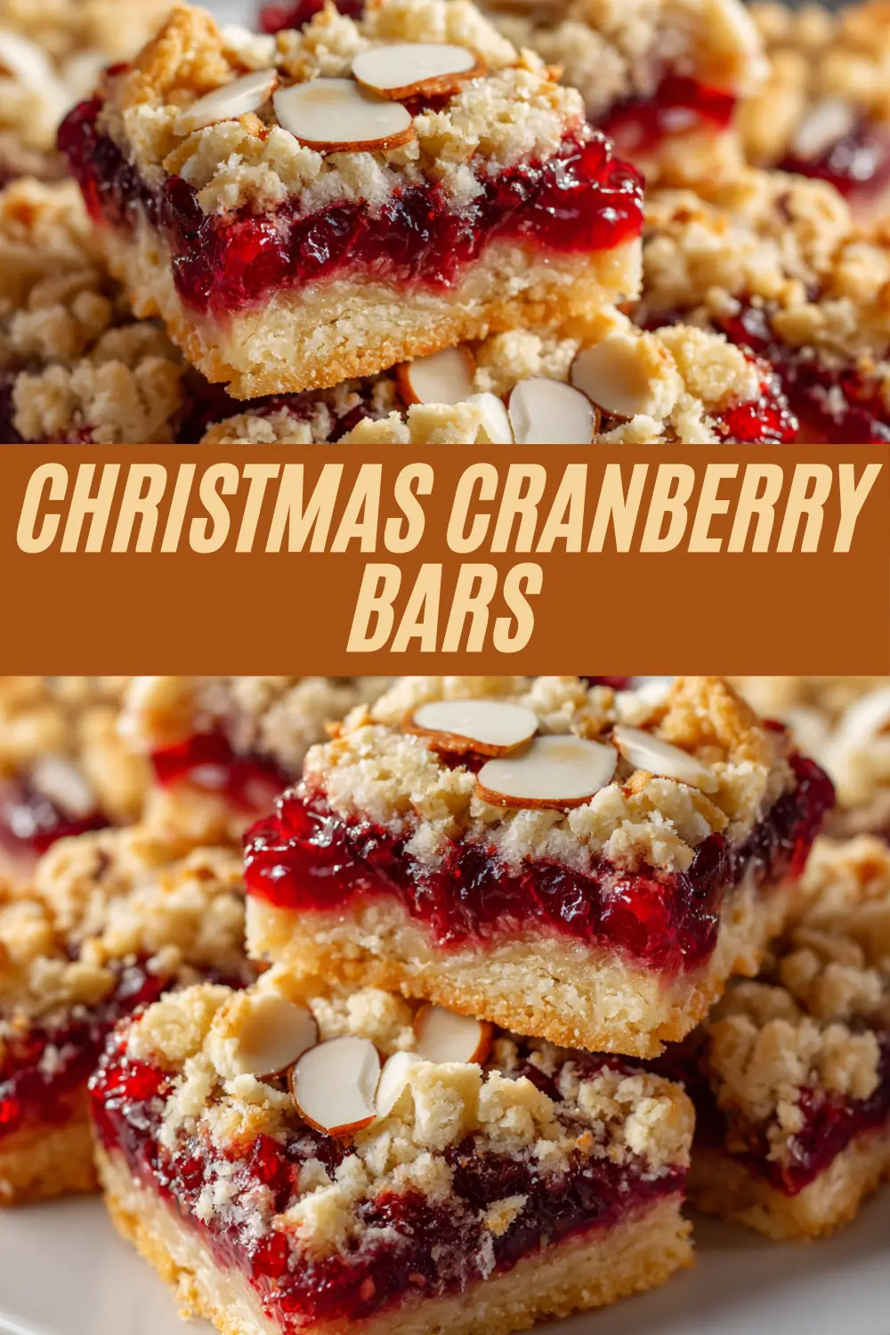 Golden crumb bars layered with cranberry filling and sliced almonds on top.