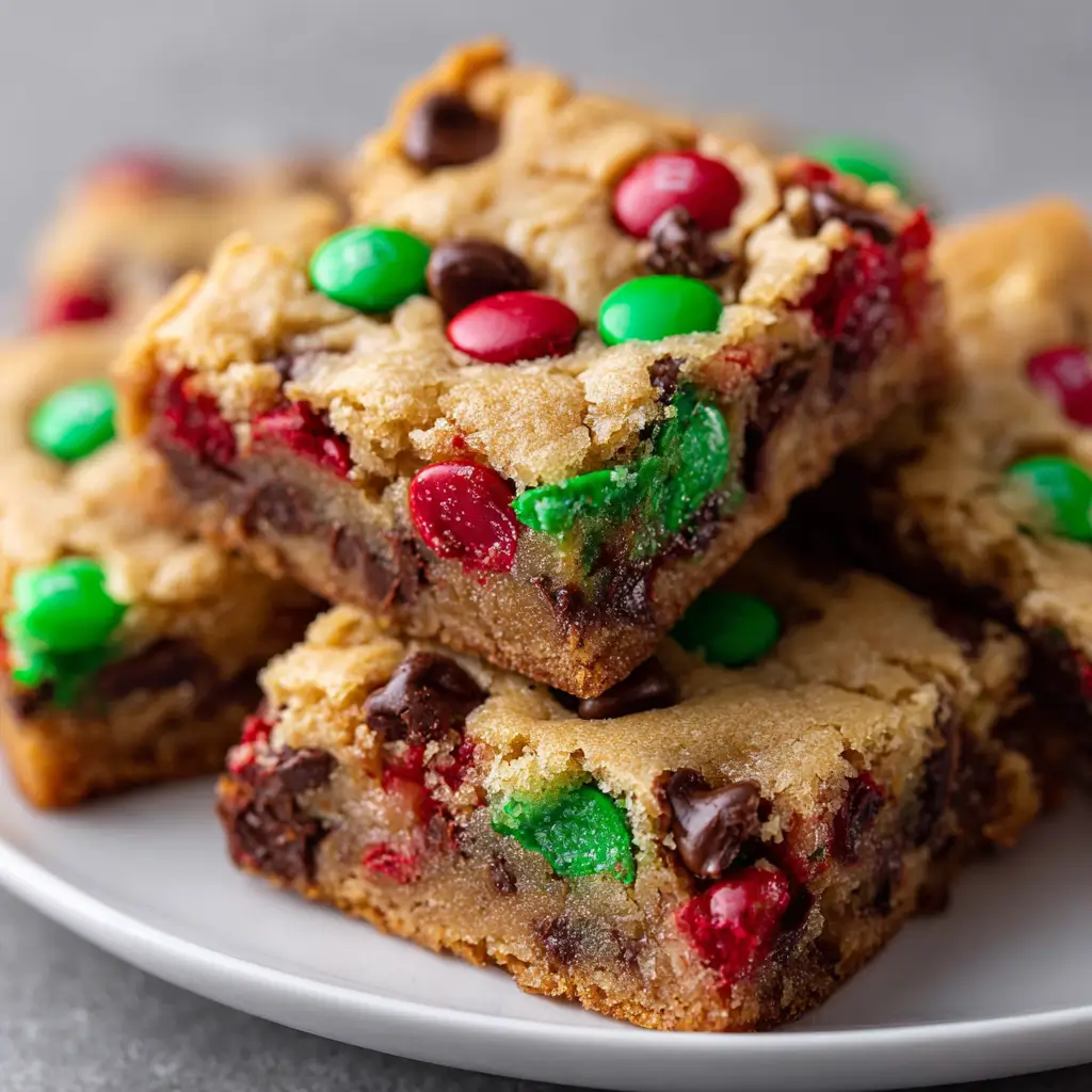 Top-down view of golden cookie bars studded with red and green M&Ms and chocolate chips, arranged closely on a white plate for a festive dessert display.