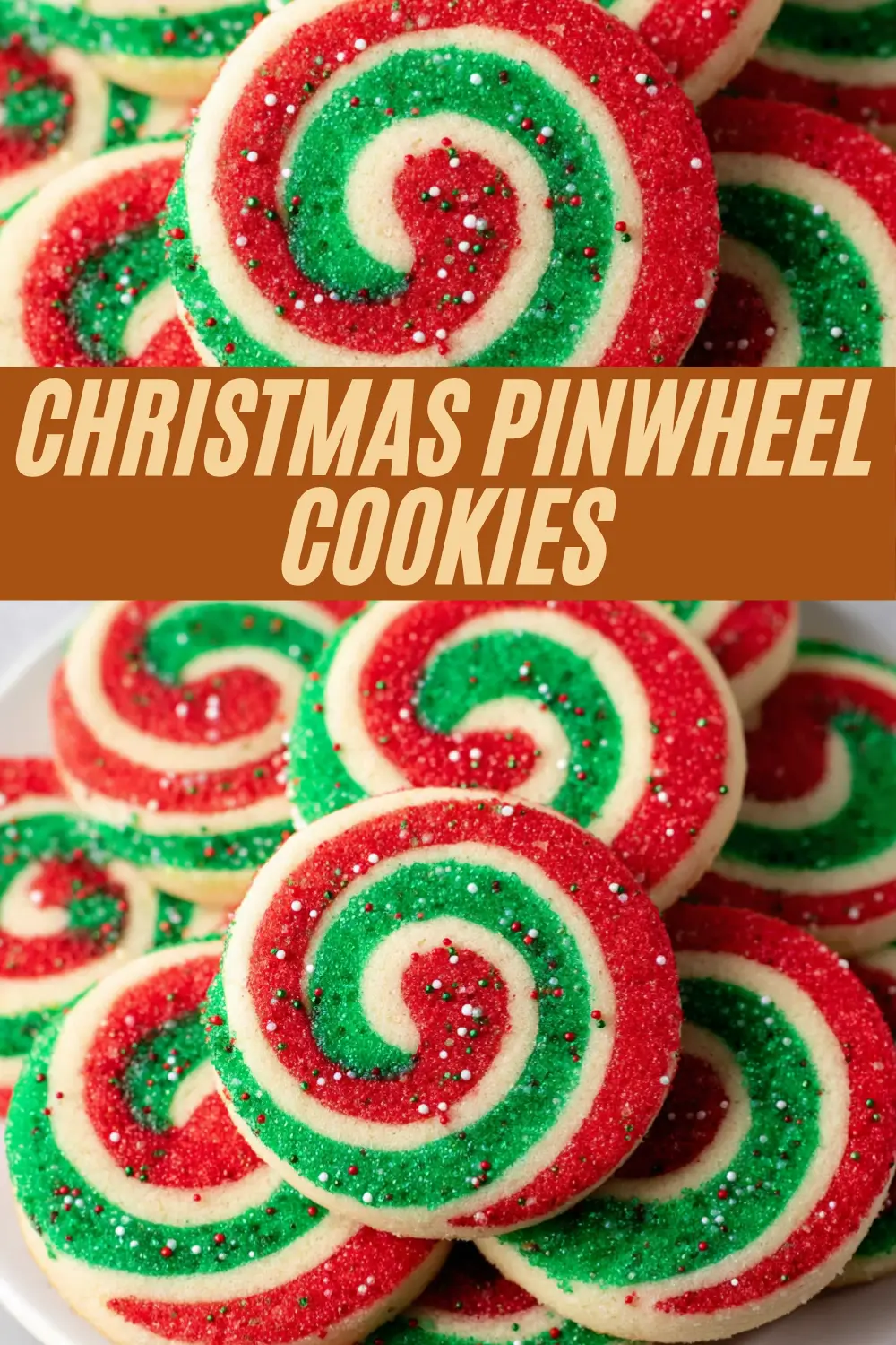 Bright red and green spiral cookies topped with festive sprinkles are stacked together, capturing a cheerful holiday treat.