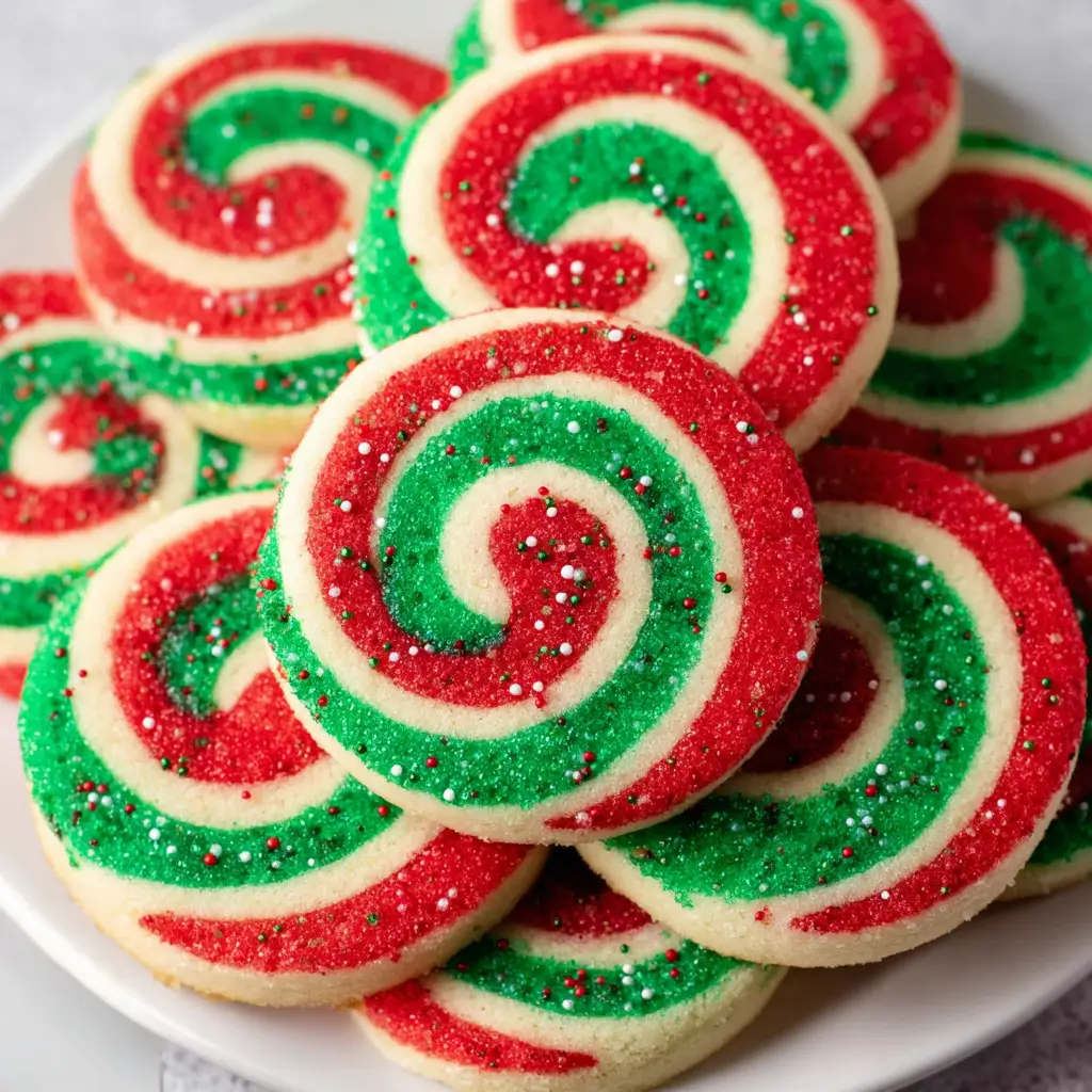 A plate of Christmas pinwheel cookies, featuring spiral-shaped cookies with bright red and green sugar-coated swirls and festive nonpareil sprinkles.
