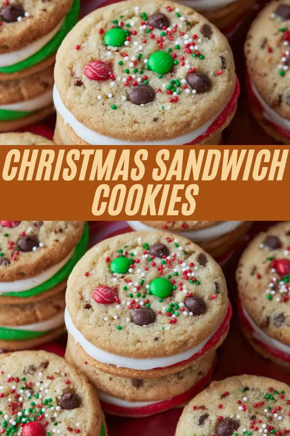Stacked chocolate chip cookie sandwiches with creamy red, green, and white fillings, decorated with colored candies and sprinkles.