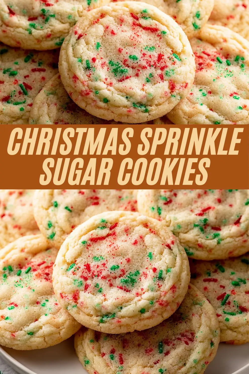 A stack of soft, chewy cookies with festive red and green sprinkles, displayed above and below bold holiday-themed text.