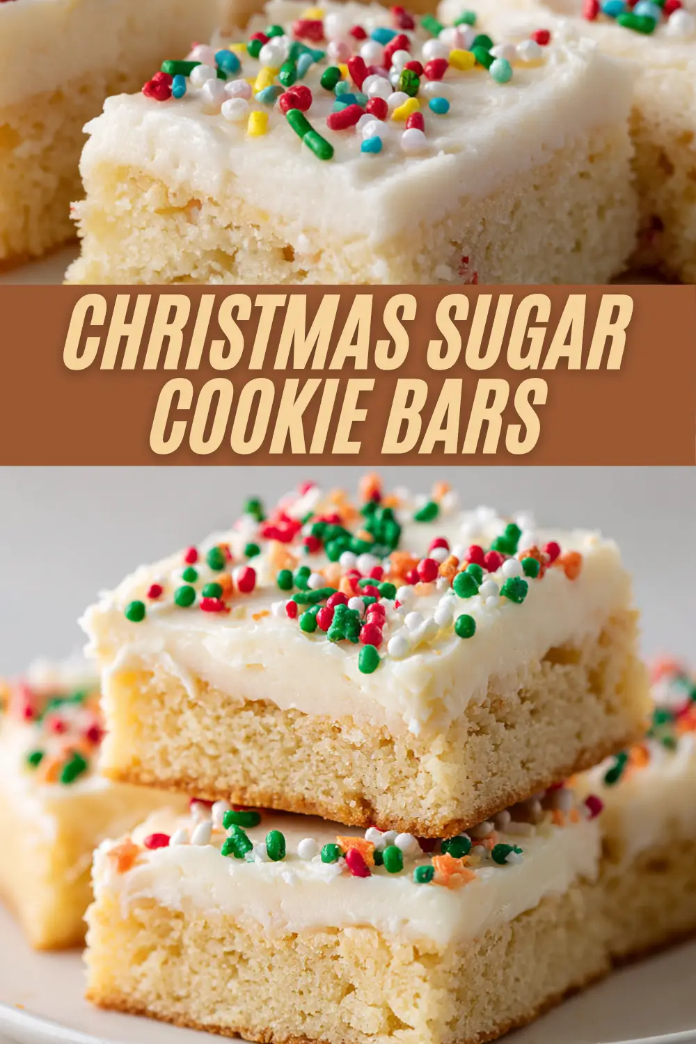 Frosted sugar cookie bars stacked and topped with colorful sprinkles, showing a soft, thick layer of creamy icing and a golden cookie base.