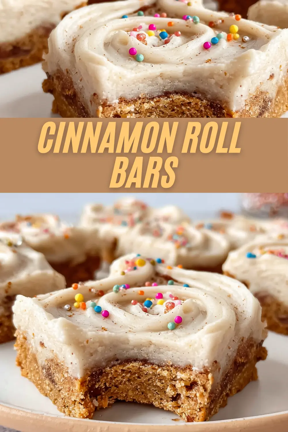 Cinnamon Roll Bars, showing cookie bars topped with creamy swirled frosting and colorful rainbow sprinkles, arranged on a plate with a bold Cinnamon Roll Bars title in the center.
