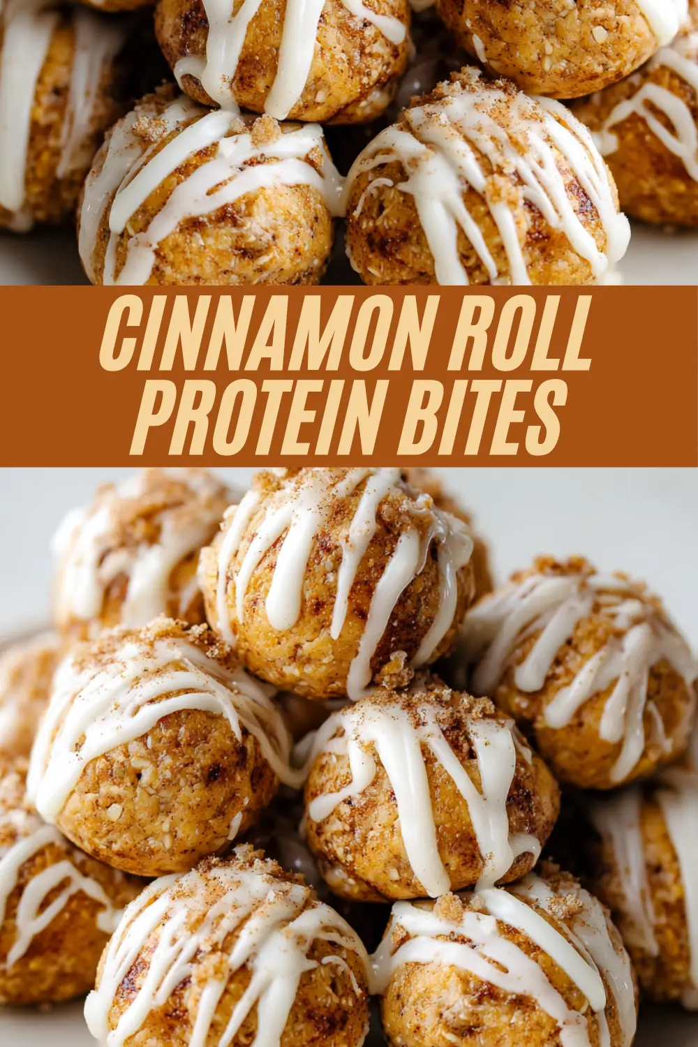 Cinnamon roll protein bites stacked in a bowl, topped with white icing drizzle and cinnamon-sugar sprinkles.​